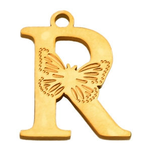 Colgante letra R de acero inoxidable en oro de 18K con grabado detallado de mariposa