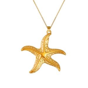 Macro shot of gold starfish pendant with detailed texture on fine metal chain