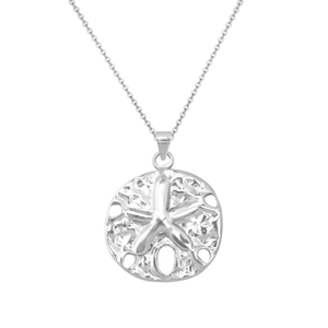 Close-up of silver stainless steel necklace with a hollow-out sand dollar starfish pendant