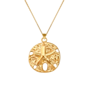 Close-up of golden stainless steel necklace with ocean-themed starfish relief pendant