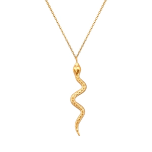 Detailed view of a gold-plated snake pendant with fine scale texture on an O-chain necklace