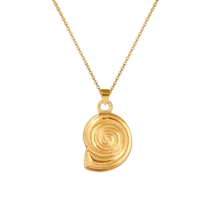 Detailed close-up of golden snail shell spiral pendant necklace with fine metal texture