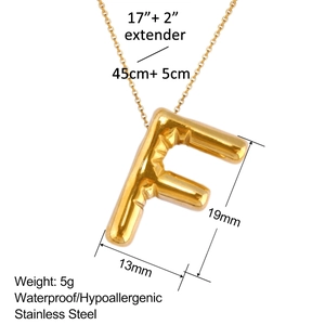Details zur goldenen Luftblasen-Buchstaben-Halskette F mit Maßen und 45cm Kette