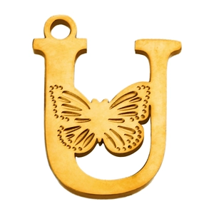 Colgante letra U de acero inoxidable bañado en oro de 18K con detalle de mariposa