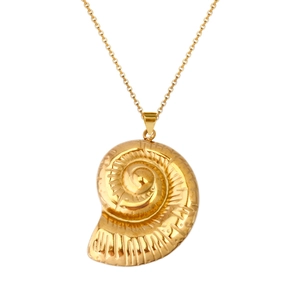 Detail of 18K gold shell pendant necklace with polished texture and spiral design