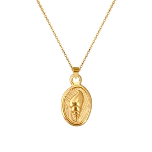 Close-up of golden stainless steel necklace featuring an oval seashell relief pendant