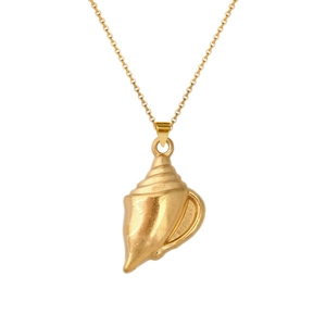 Detailed close-up of a golden seashell pendant necklace with a textured matte finish