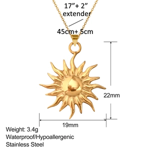 Detailed specs of the gold sun pendant necklace in waterproof stainless steel