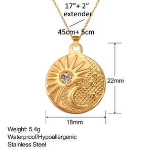 Stainless steel celestial pendant necklace with sun and moon engraving and size specs