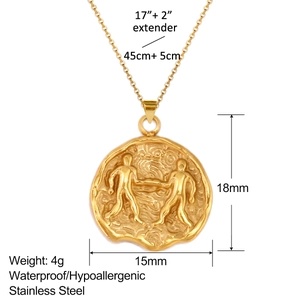 18k gold plated stainless steel Gemini zodiac coin pendant necklace for women