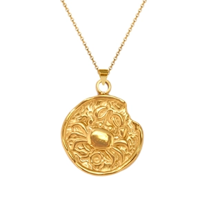 Macro view of 18K gold plated necklace with detailed zodiac cancer crab coin pendant