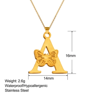 Detail showing 16mm x 14mm size and 2.6g weight of stainless steel butterfly letter A pendant