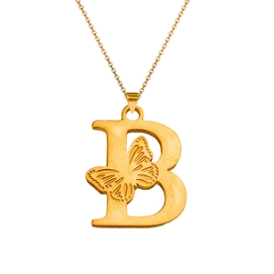 Macro shot of 18K gold letter B pendant with hollow butterfly relief on fine chain