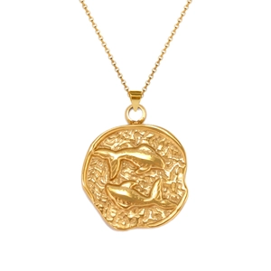 Detail of 18K gold-plated stainless steel necklace with round dolphin relief pendant