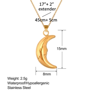 Waterproof gold crescent moon pendant necklace in polished stainless steel for women