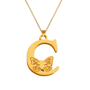 Macro detail of 18K gold butterfly carved letter C pendant on a dainty chain