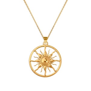 Close-up of golden sunburst pendant with hollow curved rays on a fine O-link chain