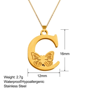 Macro view of 18K gold stainless steel letter C pendant with hollow butterfly and dimensions