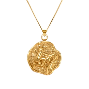 18K gold plated stainless steel Aquarius zodiac coin pendant necklace on white background