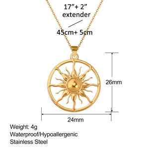 Detail of sunburst pendant with 24mm size and 45cm stainless steel chain necklace