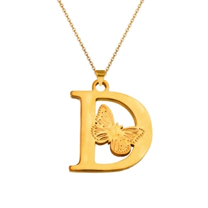 Detailed close-up of a 18K gold butterfly letter D pendant on a stainless steel chain