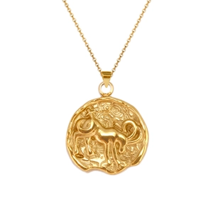 Vintage 18k gold plated stainless steel necklace with round zodiac coin pendant