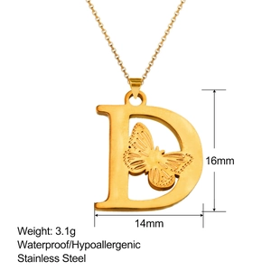 Macro shot of letter D pendant with hollow butterfly detail and size specs