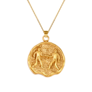 Vintage 18k gold plated stainless steel Gemini zodiac coin necklace on white background