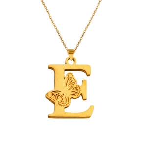 Detailed view of 18K gold letter E pendant with hollow butterfly engraving on a fine chain