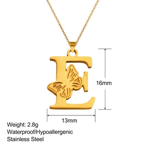 Detail of 18K gold stainless steel letter E pendant with butterfly engraving and dimensions