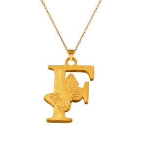 Detailed macro view of gold 18K plated stainless steel letter F pendant with butterfly relief