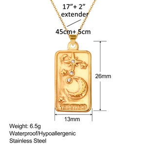 Gold stainless steel rectangle pendant necklace with embossed moon and star celestial design