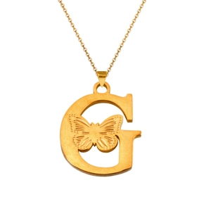 Detailed close-up of 18K gold letter G pendant with an embossed butterfly on O-chain