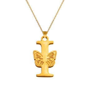 Detailed macro view of 18K gold plated hollow butterfly pendant with letter I on cross chain