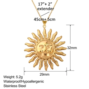 Detail showing gold sun relief pendant size 32mm and stainless steel material features