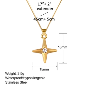 Gold stainless steel star pendant necklace with cubic zirconia and chain size dimensions
