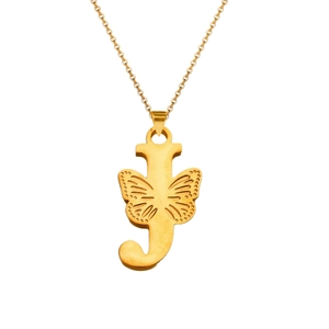 Detail of 18K gold-plated letter J pendant with hollow butterfly on a thin chain