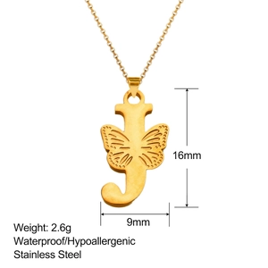 Detail of letter J butterfly pendant with 16mm x 9mm size and 2.6g weight info