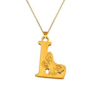 Macro detail of 18K gold plated letter L pendant with an intricate butterfly design