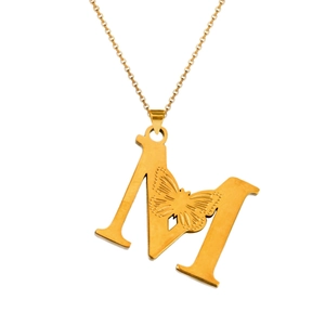 Close-up of 18K gold hollow letter M pendant with detailed butterfly embossing on a chain