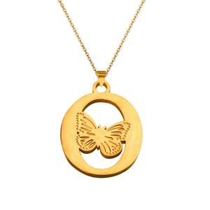 Detailed macro of 18K gold butterfly hollow pendant on a fine stainless steel chain