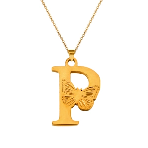 Detail of 18K gold letter P pendant necklace with an intricate butterfly carving