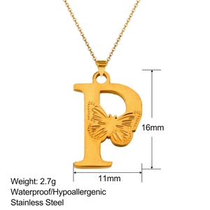 Detail of 18K gold letter P pendant with butterfly hollow design and 16x11mm dimensions