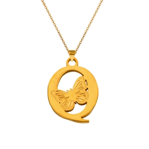Detailed view of an 18K gold letter Q pendant with an intricate butterfly relief design