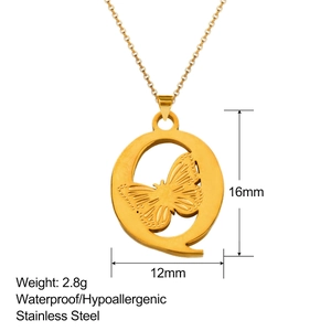 Detailed specs of gold butterfly letter Q pendant with 16mm height and 12mm width