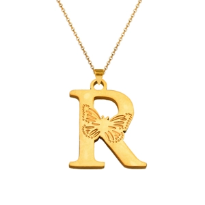 Macro shot of 18K gold letter R pendant featuring delicate butterfly engraving details