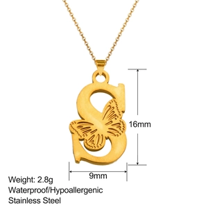 Detail view of 18K gold plated S letter butterfly pendant showing 16mm height and 9mm width