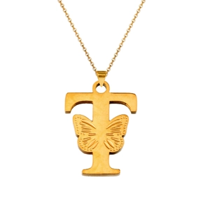 Macro detail of 18K gold plated letter T pendant with butterfly relief engraving