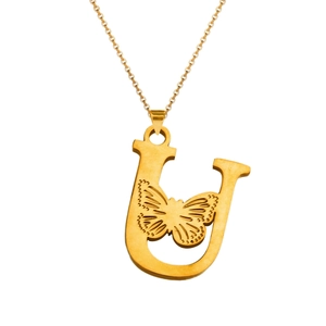 Detailed macro view of 18K gold-plated butterfly and letter U pendant on a thin link chain