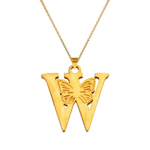 Detailed close-up of 18K gold plated letter W pendant featuring an intricate butterfly pattern